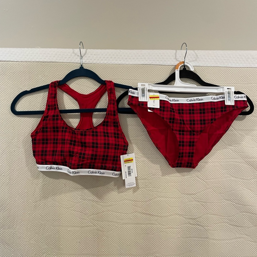 Calvin Klein Red and Black Plaid Bra and Briefs